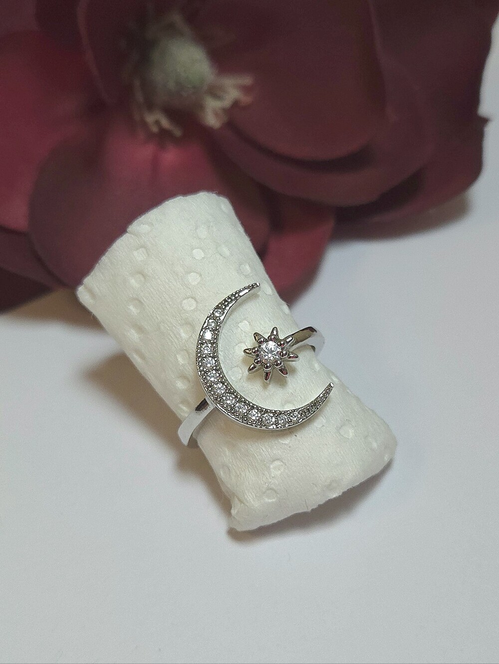 Sterling Silver & Cubic Zironia Star & Moon Celetisal Ring Size 7 Adjustable 925